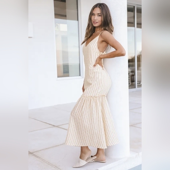 Lulu's Sunshine Lover Tan Striped Tiered Midi Dress Summer Dress Beachy - Picture 1 of 10